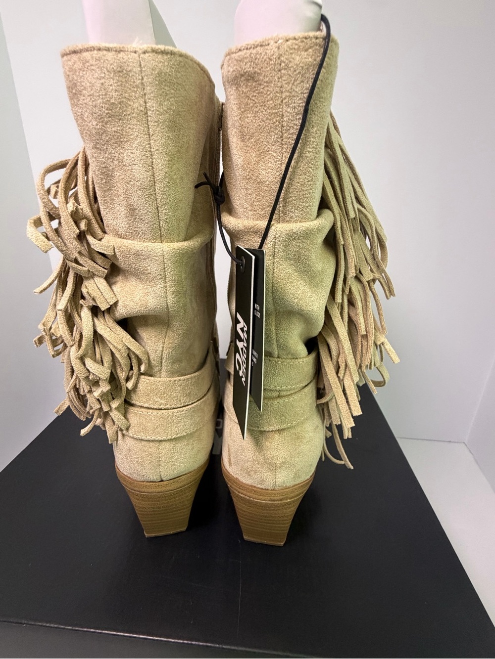 Steve Madden Beige Suede Fringe Mid-Calf Booties - Picture 7 of 9